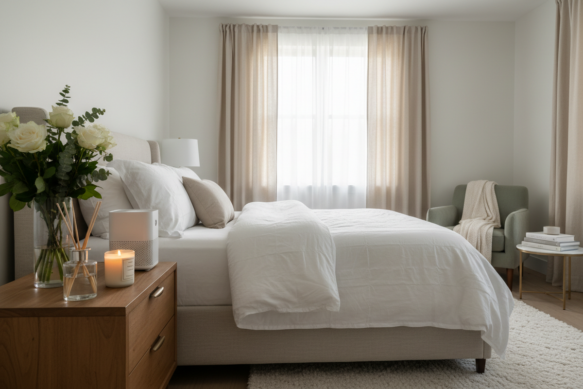 Designing a Cleaner Guest Room With Home Fragrance, Pure Air Essentials, and Window Treatments