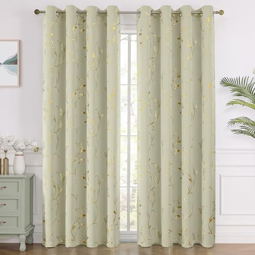 BUHUA Blackout Curtains Gold Foil Print Flower Vine Grommet Drapes, Room Darkening Thermal Insulated Curtains, Noise Reducing Curtain for Bedroom, Cream, 52Wx84L, 2 Panels - Image 2
