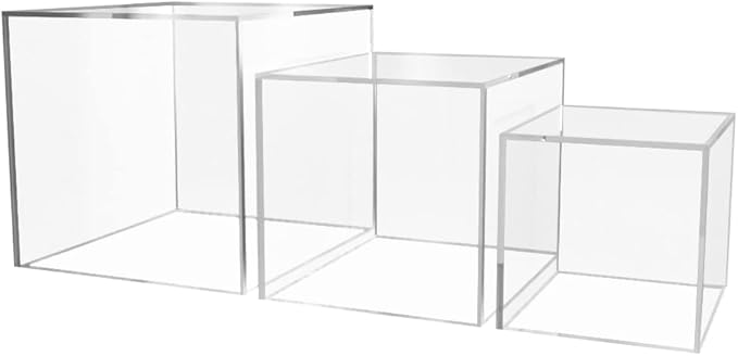 3 Piece Display Boxes Clear Acrylic Four Five Six Inch Pedestal Bins Open Bottoms No Lid Hollow Retail Product Riser One Open Side Merchandise Storage Box by Marketing Holders by MarketingHolders