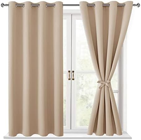 Hiasan Blackout Curtains for Bedroom, 52 x 54 Inches Long - Thermal Insulated & Energy Saving Window Curtains for Living Room, 2 Drape Panels Sewn with Tiebacks, Beige by Hiasan