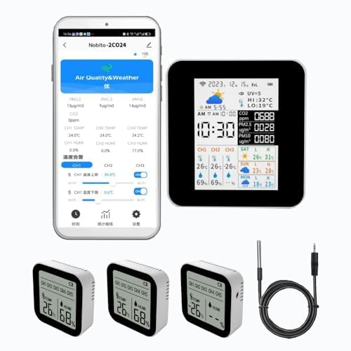 WiFi Air Quality Monitor CO2(NDIR PM2.5 PM10, Weather Station with 3-Day Forecast,Wireless Indoor Outdoor Thermometer Alarm with 3 Sensors, Water Thermometer, Aquarium, Refrigerator. Phone APP 2CO24 by Unknown