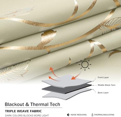 BUHUA Blackout Curtains Gold Foil Print Flower Vine Grommet Drapes, Room Darkening Thermal Insulated Curtains, Noise Reducing Curtain for Bedroom, Cream, 52Wx84L, 2 Panels - Image 6