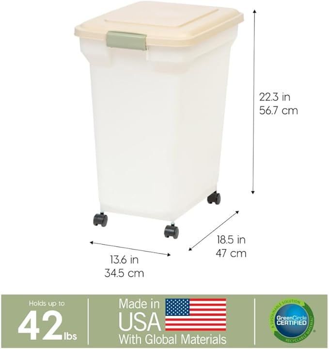 IRIS USA Airtight Dog Food Storage Container, WeatherPro, Up to 40 lbs, Removable Wheels, for Dog Cat Bird and Other Pet Food Storage Bin, Keep Fresh, Translucent Body, Made in USA, Pearl/Almond - Image 4