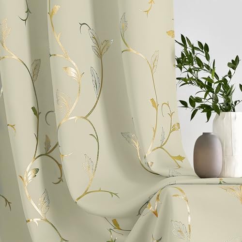 BUHUA Blackout Curtains Gold Foil Print Flower Vine Grommet Drapes, Room Darkening Thermal Insulated Curtains, Noise Reducing Curtain for Bedroom, Cream, 52Wx84L, 2 Panels - Image 4
