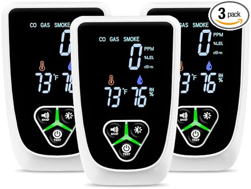 3 Pack 5-in-1 Plug in Carbon Monoxide Detector, Smoke Alarm & Natural Gas Leak Detector with Temperature & Humidity Sensor, Portable Fire Alarm with LCD Display Dual Alarm System for Travel Home by zealme