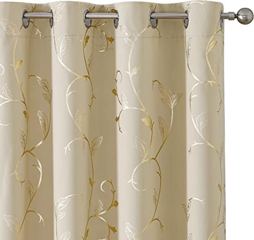BUHUA Blackout Curtains Gold Foil Print Flower Vine Grommet Drapes, Room Darkening Thermal Insulated Curtains, Noise Reducing Blackout Curtain for Bedroom, Beige, 52Wx96L, 2 Panels by BUHUA