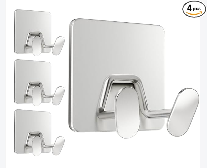 Adhesive Shower Hooks for Inside - Extra Sticky Stainless, Razor Holder Shower Accessories, Wall Mounted Self-Adhesive Double Hooks for Razor, Loofah, Towel, Shaver, Coat, Key, Silver, 4-Pack by susswiff