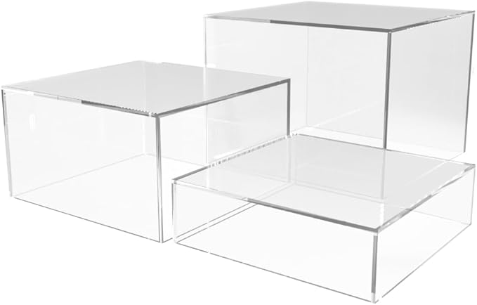 3 Piece Acrylic Display Boxes Retail Clear Product Riser 2", 4", 6" High Cake Display Boxes Nesting Bins One Open Side No Lid Merchandise Storage Box by Marketing Holders by MarketingHolders
