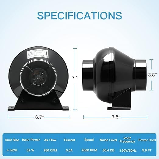 iPower 4 Inch 195 CFM Inline Duct Ventilation Fan Quiet Exhaust Vent Blower for HVAC, Hydroponics Grow Tent, Attic, Basements or Kitchens, Black - Image 2
