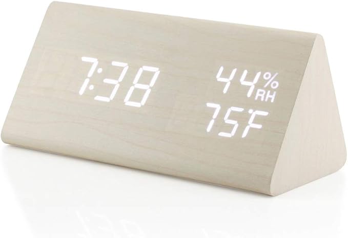 OCT17 Wooden Alarm Clock, Wood Alarm Clock Smart LED Digital Clock for Bedroom/desks, Upgraded with Time Temperature, Adjustable Brightness and Voice Control, Humidity Displaying - White - Image 4