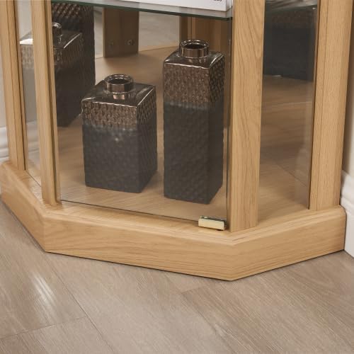 Elegant Corner Curio Cabinet with Lights & Tempered Glass Door, Wooden Display Cabinet with 4 Adjustable Glass Shelves & Mirrored Back for Living Room, Dining Room, Office (Oak) - Image 5