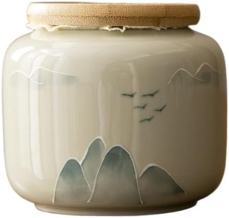 Storage Tank Hand-painted Distant Mountains, Green Bamboo, Persimmon Tea Cans, Small Ceramic Sealed Tea Cans, Moisture-proof Home Use Tea Storage Caddy(B) by Unknown