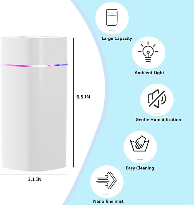 ​​JORMEY Mini Portable Humidifiers-Quiet Cool Mist Humidifier with Soft LED Ring, 600ml Desktop Humidifier, Easy to Fill and Clean for Home, Office or Bedroom, Compact & Stylish - Image 7