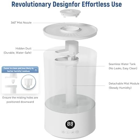Humidifiers for Bedroom, 4L Top Fill Humidifier for Large Room, 250ml/h Cool Mist Output Humidificador, 24dB Quiet Air Humificador with Remote, Easy to Fill & Clean, fit Baby & Indoor - Image 3