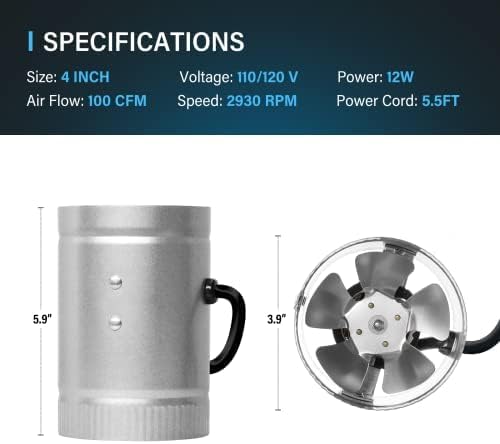 iPower 4 Inch Inline Booster Duct Fan 100 CFM HVAC Exhaust Ventilation Blower with Low Noise for Grow Tent, Basements, Bathrooms, Kitchens and Attics - Image 5