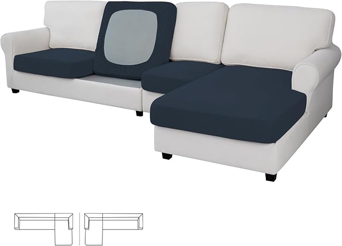 Easy-Going Stretch 4 Pieces Couch Cushion Covers for Sectional Sofa Left/Right L Shape Chaise Lounge Sofa Seat slipcover Anti-Slip Sofa Cover Soft (3 Seater + 1 Chaise, Dark Blue) by Easy-Going