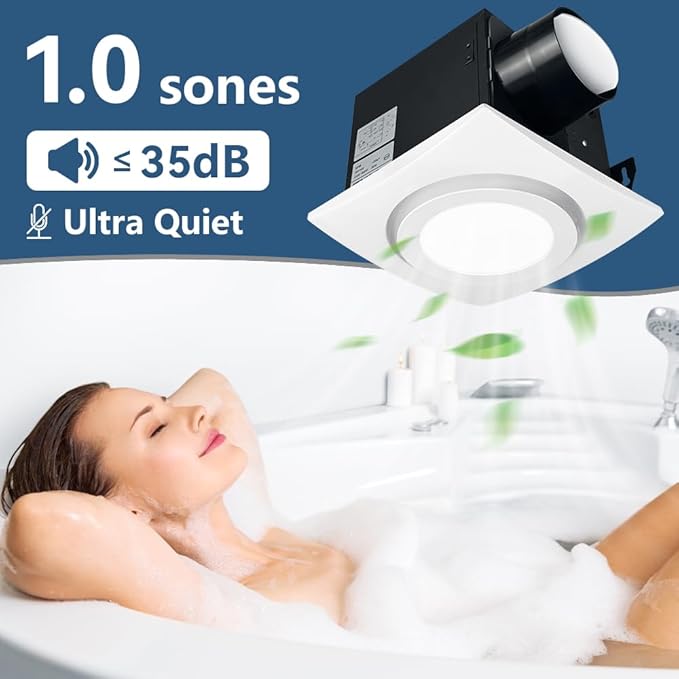 Bathroom Exhaust Fan with Light 88CFM 1.0 Sone, Quiet 28W Bath Shower Fan 3CCT Color LED Light Adjustable 8 x 8 inch Extractor Vent for Bathroom White - Image 6