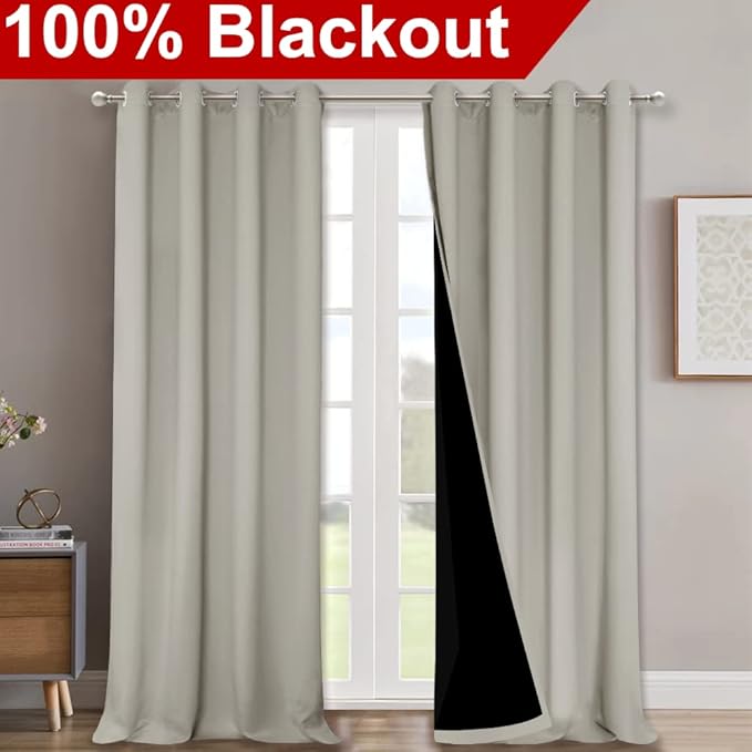 NICETOWN 100% Blackout Blinds, Set of 2, 46" x 96", Natural, Laundry Room Decor Window Treatment Curtains for Large Patio Sliding Door, Thermal Insulated Curtains for Bedroom - Image 2