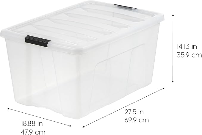 IRIS USA 94 Qt Stackable Plastic Storage Bins with Lids, 2 Pack - BPA-Free, Made in USA - See-Through Organizing Solution, Latches, Durable Nestable Containers, Secure Pull Handle - Clear - Image 2