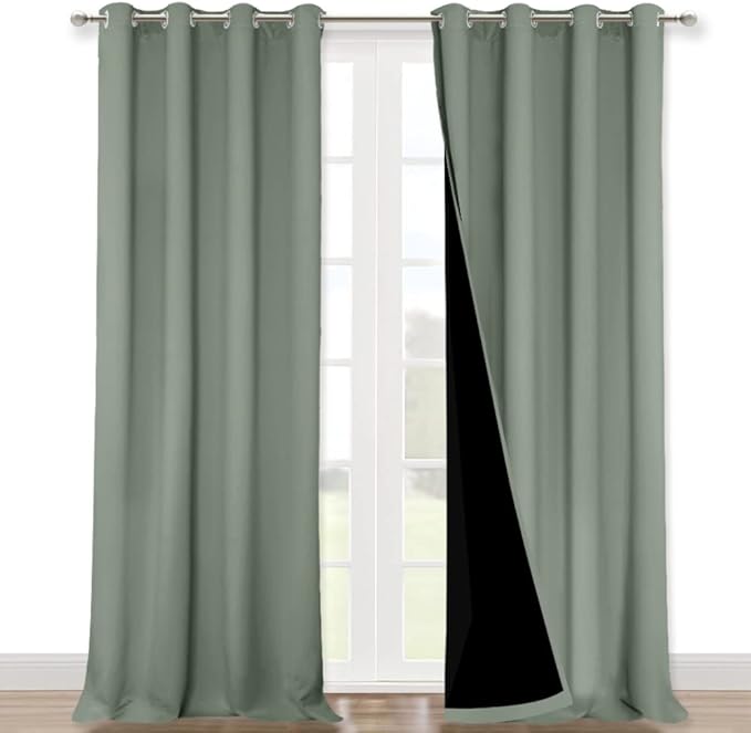 NICETOWN 100% Blackout Window Curtain Panels, Heat and Full Light Blocking Drapes with Black Liner for Nursery, 120" Drop Thermal Insulated Draperies (Greyish Green, 2 Pieces, 52" Wide Each Panel) by NICETOWN