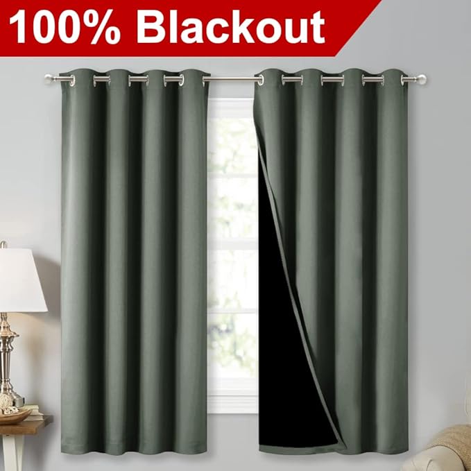 NICETOWN Dark Mallard 100% Blackout Lined Curtains, 2 Thick Layers Completely Blackout Window Treatment Thermal Insulated Drapes for Kitchen/Bedroom (1 Pair, 52" Width x 63" Length Each Panel) - Image 2