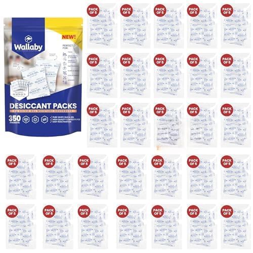 Wallaby 2 gram (350 Packets) Food Safe Pure White Silica Gel Desiccant Dehumidifier Packs - Rechargeable & Coated Moisture Absorbers - Protects Against Moisture Damage - (Packed in 70x Sets of 5) by WallabyGoods