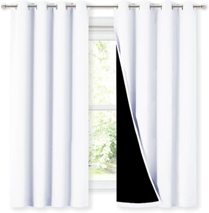 NICETOWN White 100% Blackout Lined Curtains, 2 Thick Layers Completely Blackout Window Treatment Thermal Insulated Drapes for Kitchen/Bedroom (1 Pair, 52 inches Width x 63 inches Length Each Panel) by NICETOWN