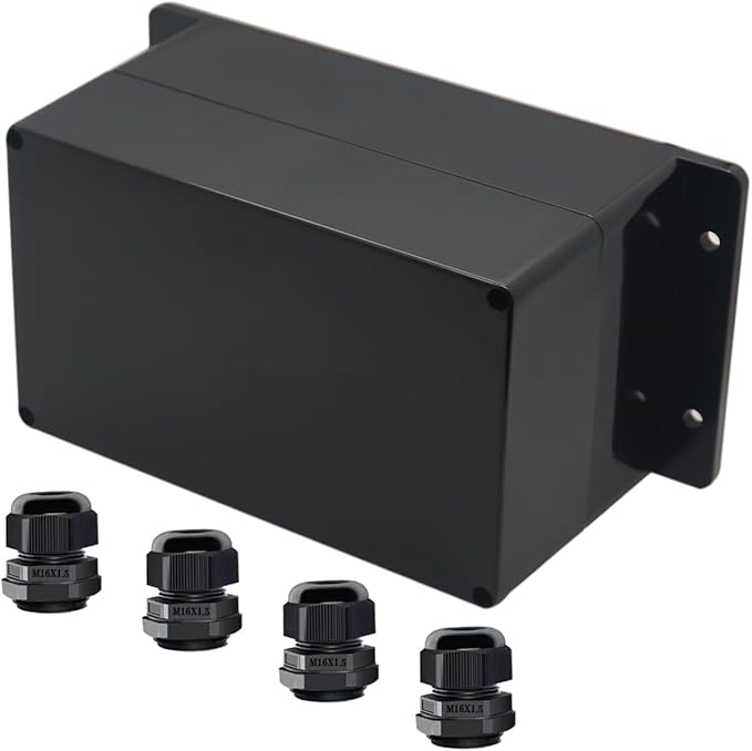 Project Box ABS Black Electrical Boxes IP65 Outdoor Waterproof Box Electronic Junction Box Fixed Ear Power Enclosure with Cable Glands for DIY Project 7.87 x 4.72 x 4.45 inch (200x120x113mm) by Raculety
