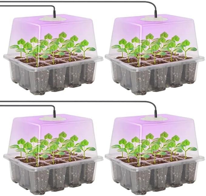 MIXC Seed Starter Kit with Grow Light, Elevated Seedling Tray Kit with Adjustable Humidity Dome and Clear Cell Tray, 12 Full Spectrum Led Beads for Seed Starting Greenhouse, 4 Pack, Transparent by MIXC