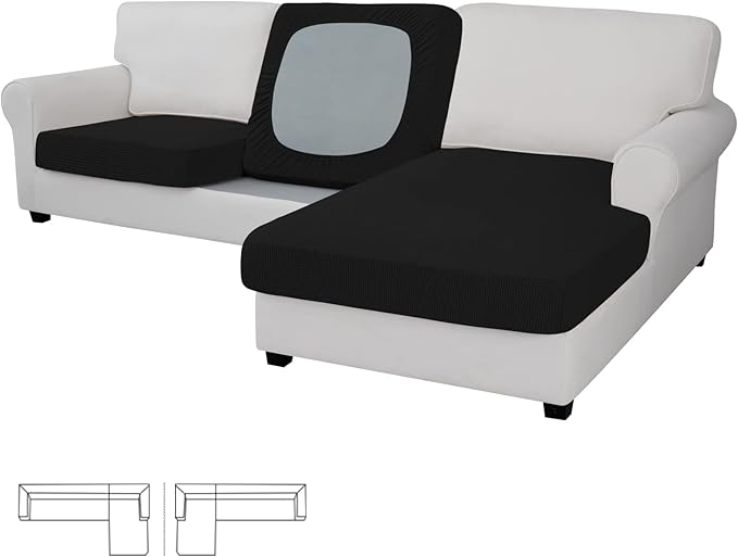 Easy-Going Stretch 3 Pieces Couch Cushion Covers for Sectional Sofa Left/Right L Shape Chaise Lounge Sofa Seat slipcover Anti-Slip Sofa Cover Soft (2 Seater + 1 Chaise, Black) by Easy-Going
