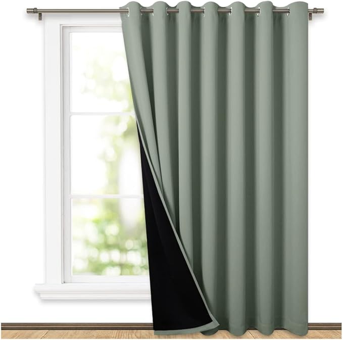 NICETOWN Greyish Green Full Shading Extra Wide Curtains for Patio Door, Super Heavy-Duty Thermal Backing Sliding Glass Door Drape, Privacy Assured Window Treatment(1 Panel, 100 inches W x 84 inches L) by NICETOWN