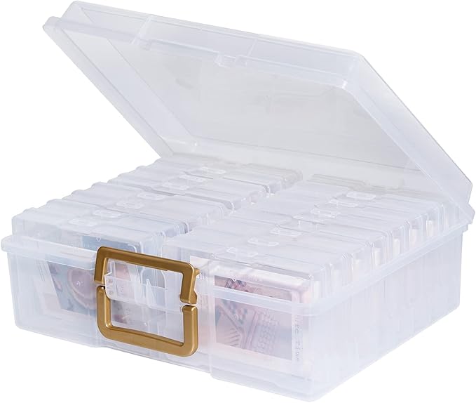 novelinks Transparent 4" x 6" Photo Organizers and Photo Storage Box with Handle, 16 Inner Photo Cases, Portable Picture Organizers & Photo Storage Containers (Clear-Gold Handle) by novelinks