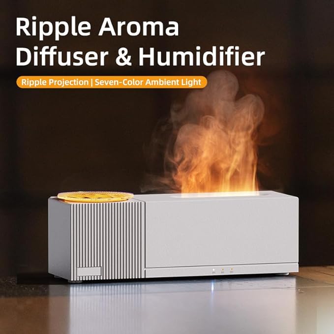 Essential Oil Diffuser, Ripple Projection Vibe Flame Oil Diffuser - Aromatherapy Aroma Humidifier, Upgrade 7 Flame Colors Noiseless 150ml Remote - Perfect for Bedroom Home Office (Ripple White) - Image 2