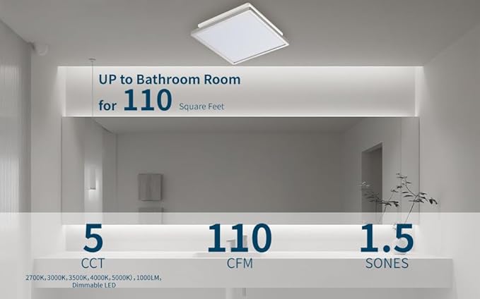 Tech Drive Modern Nickel Bathroom Exhaust Fan with Light, 110CFM, 1000lm Dimmable 5CCT LED Light Selectable, Quiet Ventilation Fan with night light,Energy Star Certified, Decorative Nickel Trim - Image 5