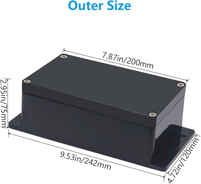 Outdoor Waterproof Junction Box IP67 Project Box ABS Black Electrical Boxes Electronic Enclsoure with Mounting Ear for DIY Project 7.9 x 4.7 x 3 inch (200x120x75mm) - Image 2