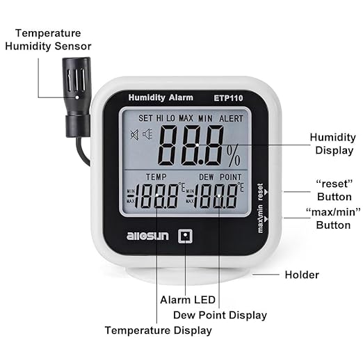 ALLOSUN Digital Thermometer Hygrometer Indoor Humidity Greenhouse Temperature Monitor Alarm Long Probe Gauge Dew-Point Meter with LCD Display - Image 4