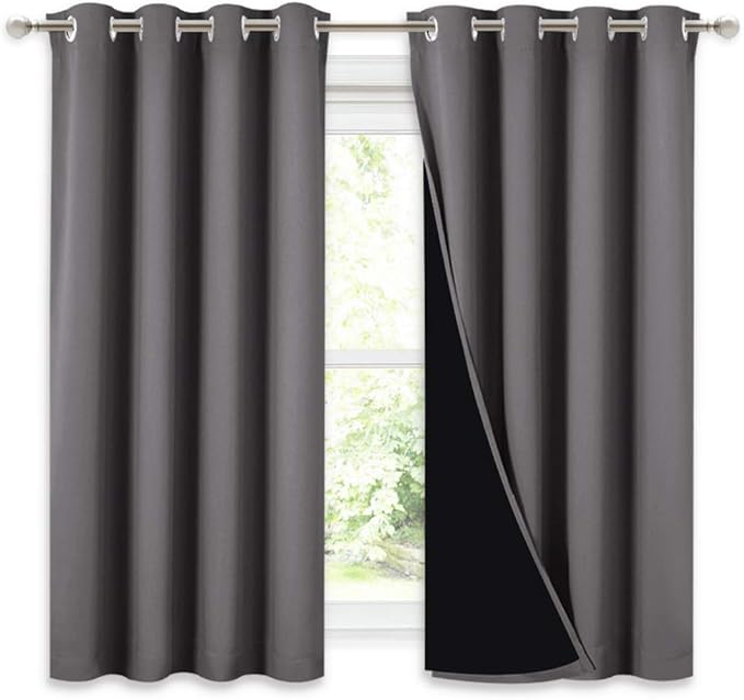 NICETOWN 100% Blackout Curtains with Black Liners, Thermal Insulated Full Blackout 2-Layer Lined Drapes, Noise Cancellation Window Draperies for Dining Room (Grey, 2 Panels, 52-inch W by 54-inch L) by NICETOWN
