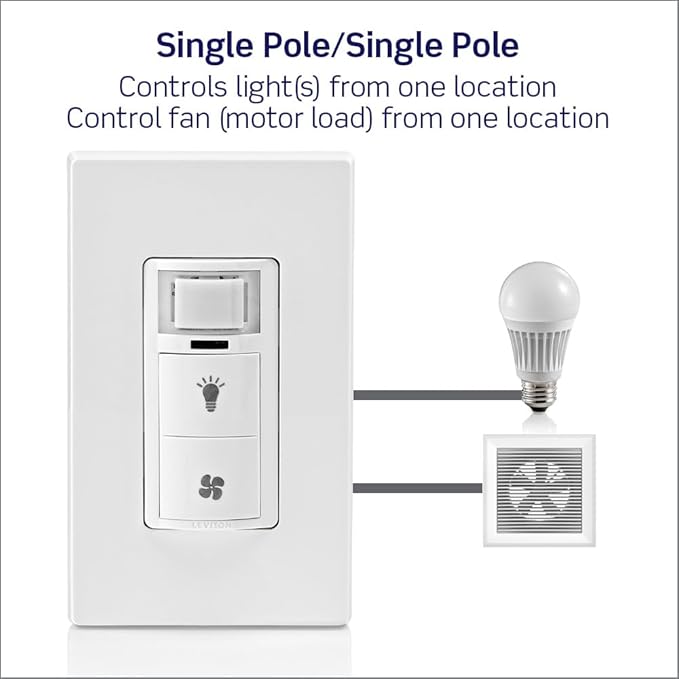 Leviton Dual Combination Humidity Sensor with Separate Light Switch, Automate Bathroom Exhaust Fan, Air Circulation, Moisture Control, Single Pole/Single Pole, ¼ HP, DHD05-1LW, White - Image 11