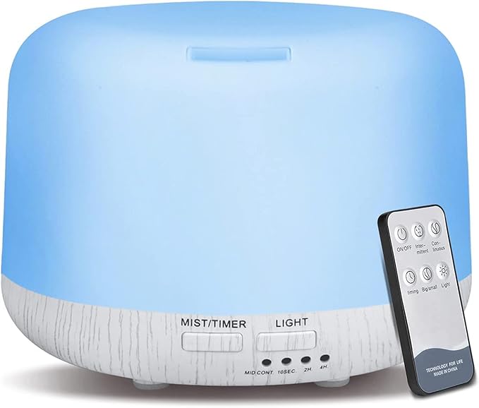 Aromatherapy Diffuser for Essential Oil, 300ml Cool Mist Humidifier with Remote Control, Aroma Diffusers for Home with Waterless Safety Switch & 14 LED Colors White Wood Base by CHOUWEEK