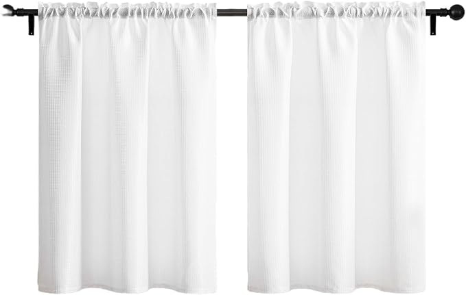 Home Queen White Waffle Bathroom Window Curtains, Water Repellent Rod Pocket Kitchen Drapes for Small Window, 2 Panels, 36 W X 45 L Inch Each by HomeQueen