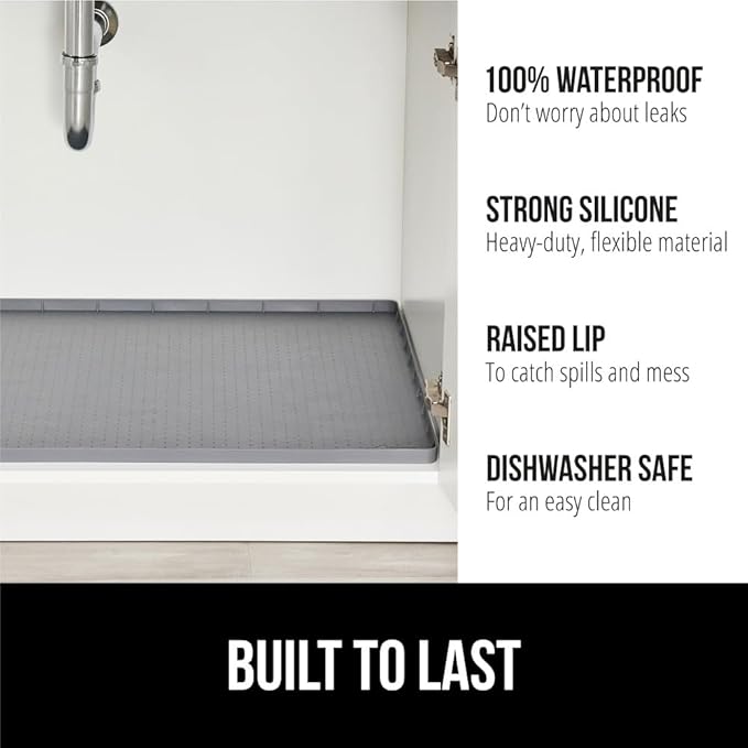 GORILLA GRIP Waterproof Silicone Under Sink Mat with Raised Lip for Kitchen and Bathroom, Cabinet Shelf Liner Stay in Place Mats Dishwasher Safe Drawer Liner, Organizer Tray, 19 x 34 in, Gray - Image 2