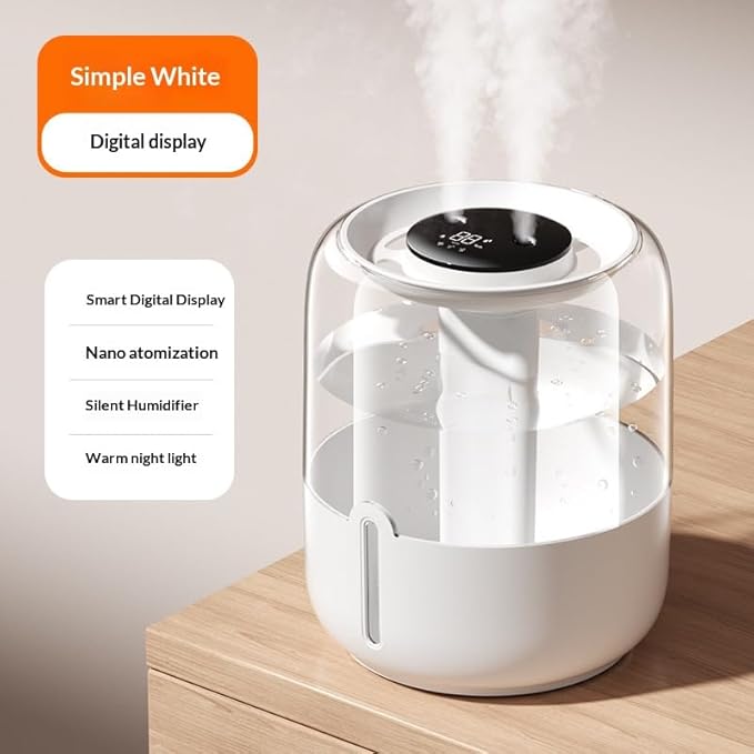 7L large-capacity humidifier, USB dual spray with night light and display screen, suitable for large rooms, dormitories, offices, bedrooms and desktops (White, Digital display) - Image 2