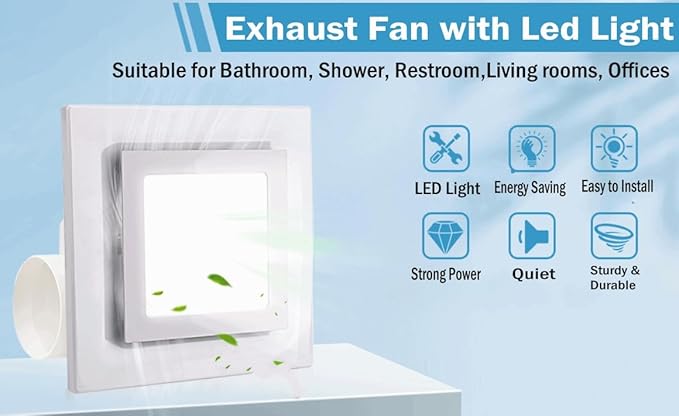 Bathroom Exhaust Fan with LED Light Ceiling Mount Ventilation Fan 118 CFM 1.0 Sones 4 Inch Duct Quiet Bathroom Vent Fan with Light Combo 5000K for Home Bath Hotel-Squares - Image 2