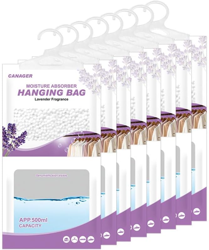 CANAGER Hanging Moisture Absorber, Lavender Vanilla Moistureproof Hanging Bag, Dehumidifier Bag (8 packs) Hanging Closet Dehumidifier Bags, Moisture Absorb 12.5 oz. by CANAGER