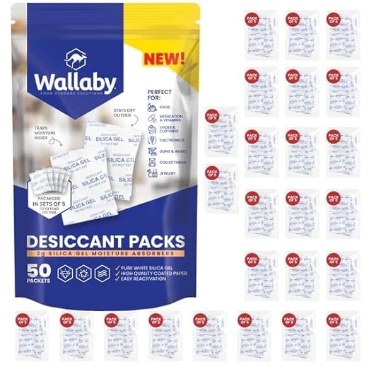 Wallaby 2 gram (50 Packets) Food Safe Pure White Silica Gel Desiccant Dehumidifier Packs - Rechargeable & Coated Moisture Absorbers - Protects Against Moisture Damage - (Packed in 10x Sets of 5) by WallabyGoods