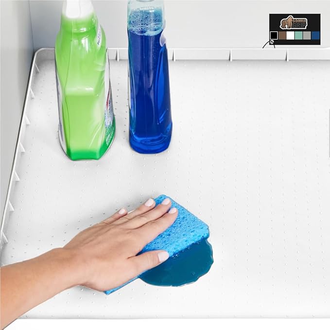 GORILLA GRIP Waterproof Silicone Under Sink Mat with Raised Lip for Kitchen and Bathroom, 46 x 22 in, Cabinet Shelf Liner Stay in Place Mats Dishwasher Safe Drawer Liner, Organizer Tray, White by GorillaGrip