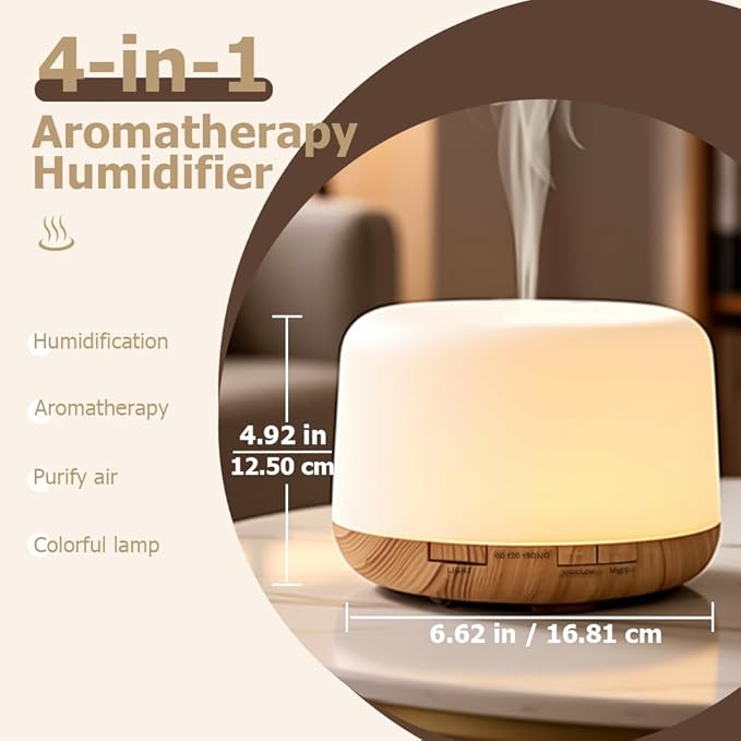 500ml Premium Essential Oil Diffuser,Quiet 4-in-1 Ultrasonic Aromatherapy Humidifier,7 Color LED Lights,with Adjustable Automatic Timer Off Function and Spray Mode. (Light Woodgrain,Classic Model) - Image 2