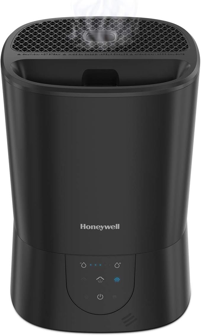 Honeywell Easy-to-Care Filter Free Warm Mist Humidifier, Medium Rooms, 1.5 Gallon Tank – Humidistat for Bedroom, Home or Office Black by HoneywellPluggedIn