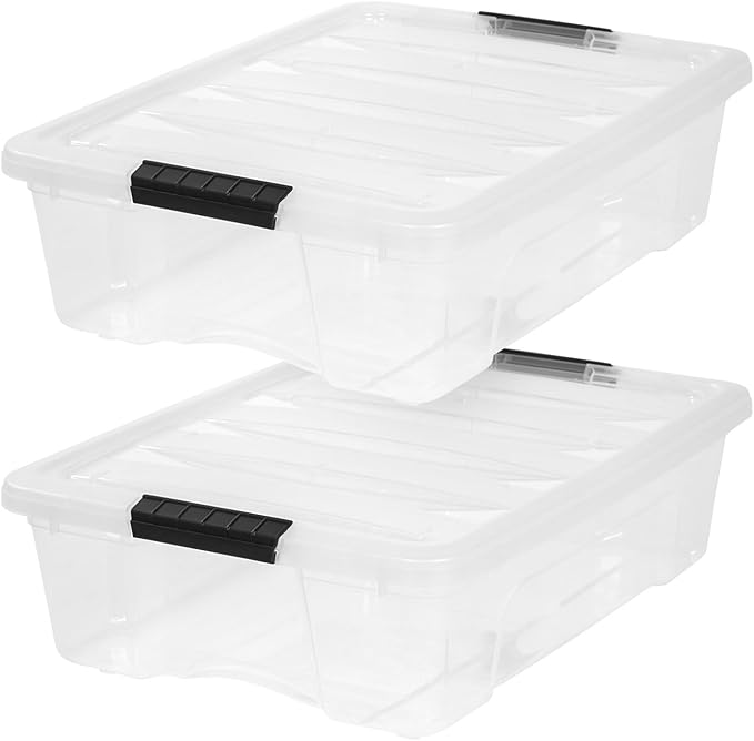 IRIS USA 27 Qt Stackable Plastic Storage Bins with Lids, 2 Pack - BPA-Free, Made in USA - Discreet Organizing Solution, Latches, Durable Nestable Containers, Secure Pull Handle - Clear by IRISUSA