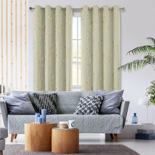 BUHUA Blackout Curtains Gold Foil Print Flower Vine Grommet Drapes, Room Darkening Thermal Insulated Curtains, Noise Reducing Curtain for Bedroom, Cream, 52Wx84L, 2 Panels - Image 3
